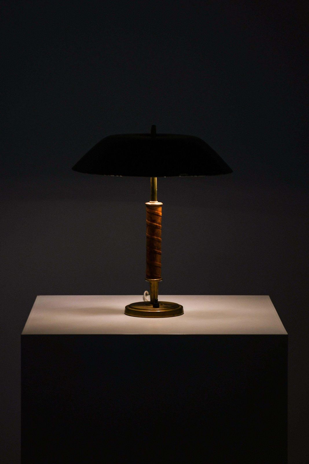 Rare Table Lamp In Brass, Leather And Original Lamp Shade, 1950's photo furniture