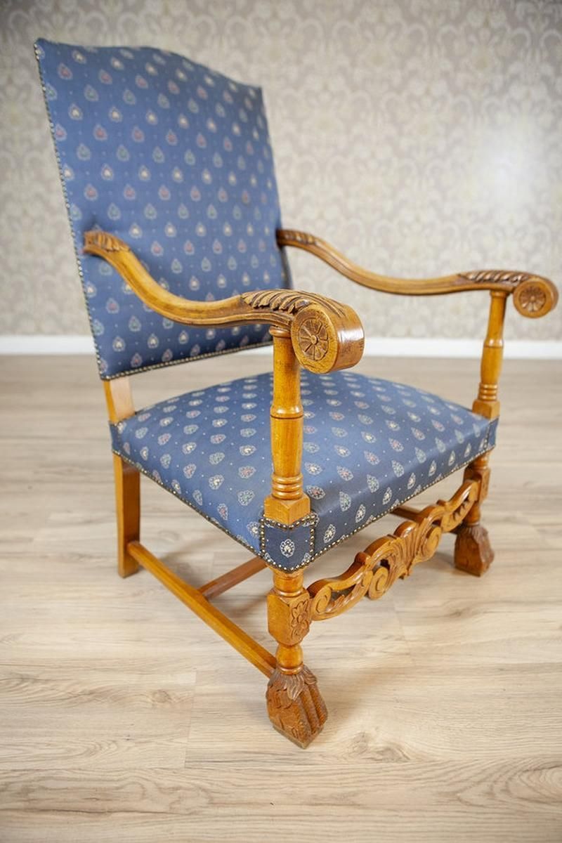Stylized, Carved Walnut Armchair/Throne In Blue Upholstery, 1960s 1980s photo vinterior