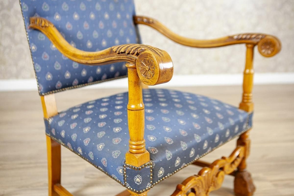 Stylized, Carved Walnut Armchair/Throne In Blue Upholstery, 1960s 1980s photo buy