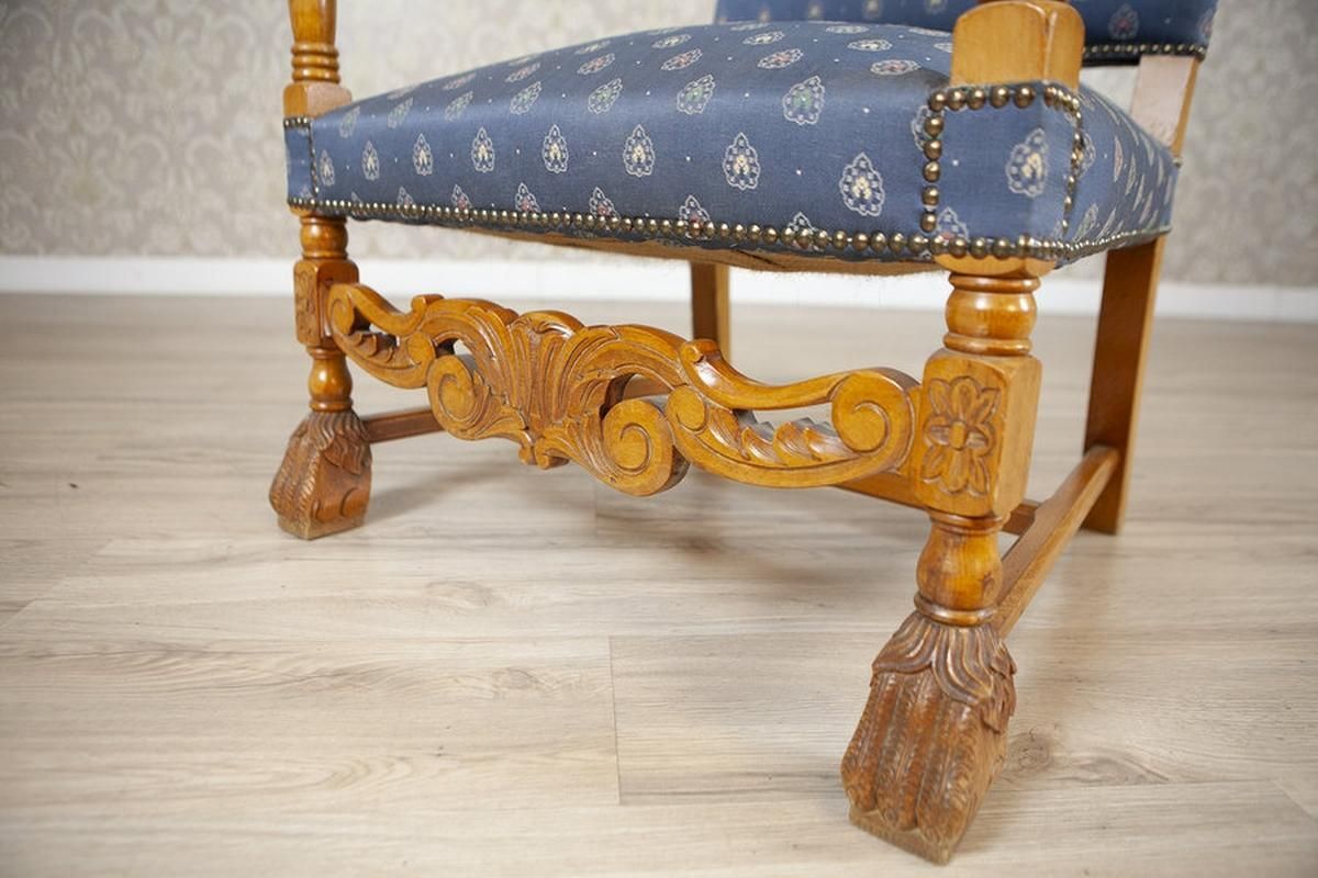 photo for sale Stylized, Carved Walnut Armchair/Throne In Blue Upholstery, 1960s 1980s