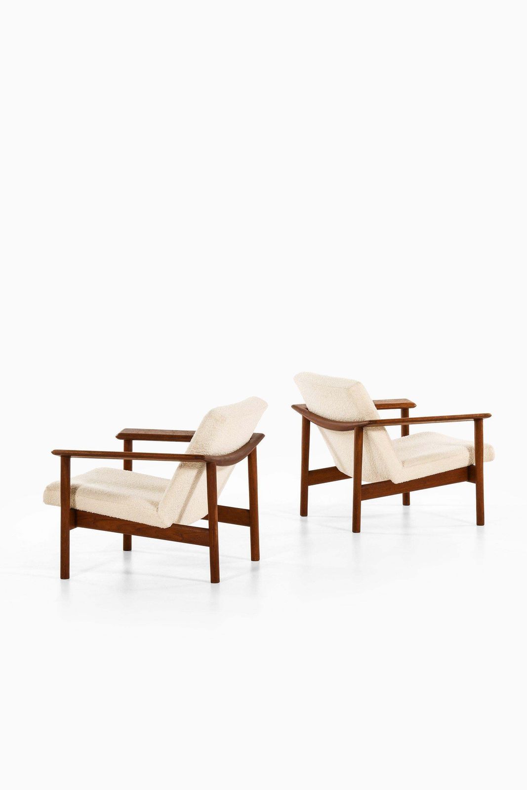 Pair Of Easy Chairs In Teak And Reupholstered In White Bouclé Fabric, 1950's photo for sale