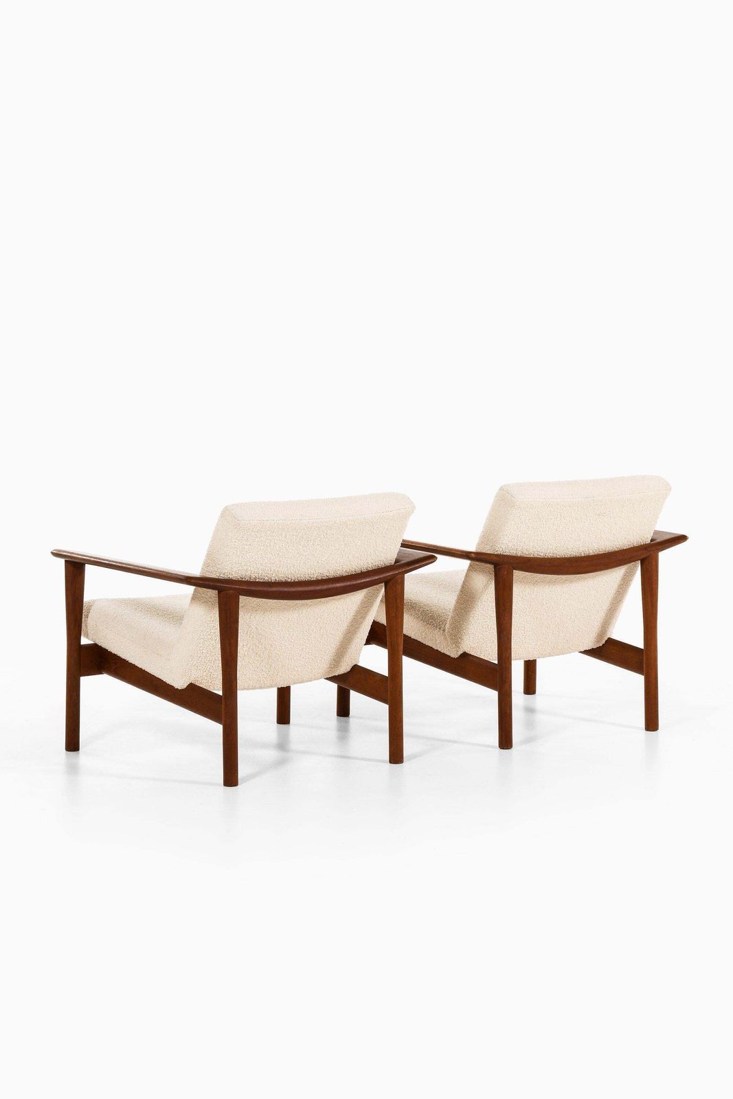 Pair Of Easy Chairs In Teak And Reupholstered In White Bouclé Fabric, 1950's photo Furniture