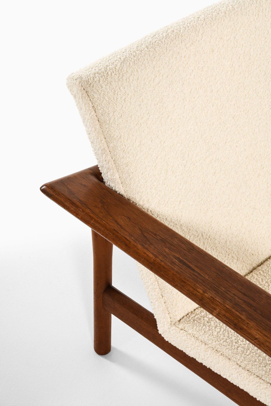 Pair Of Easy Chairs In Teak And Reupholstered In White Bouclé Fabric, 1950's photo vinterior