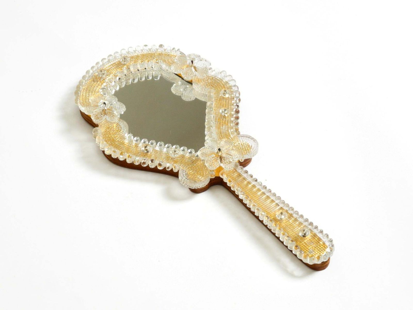 Venetian Mid Century Modern Hand Or Wall Mirror With Murano Glass Rosettes photo for sale