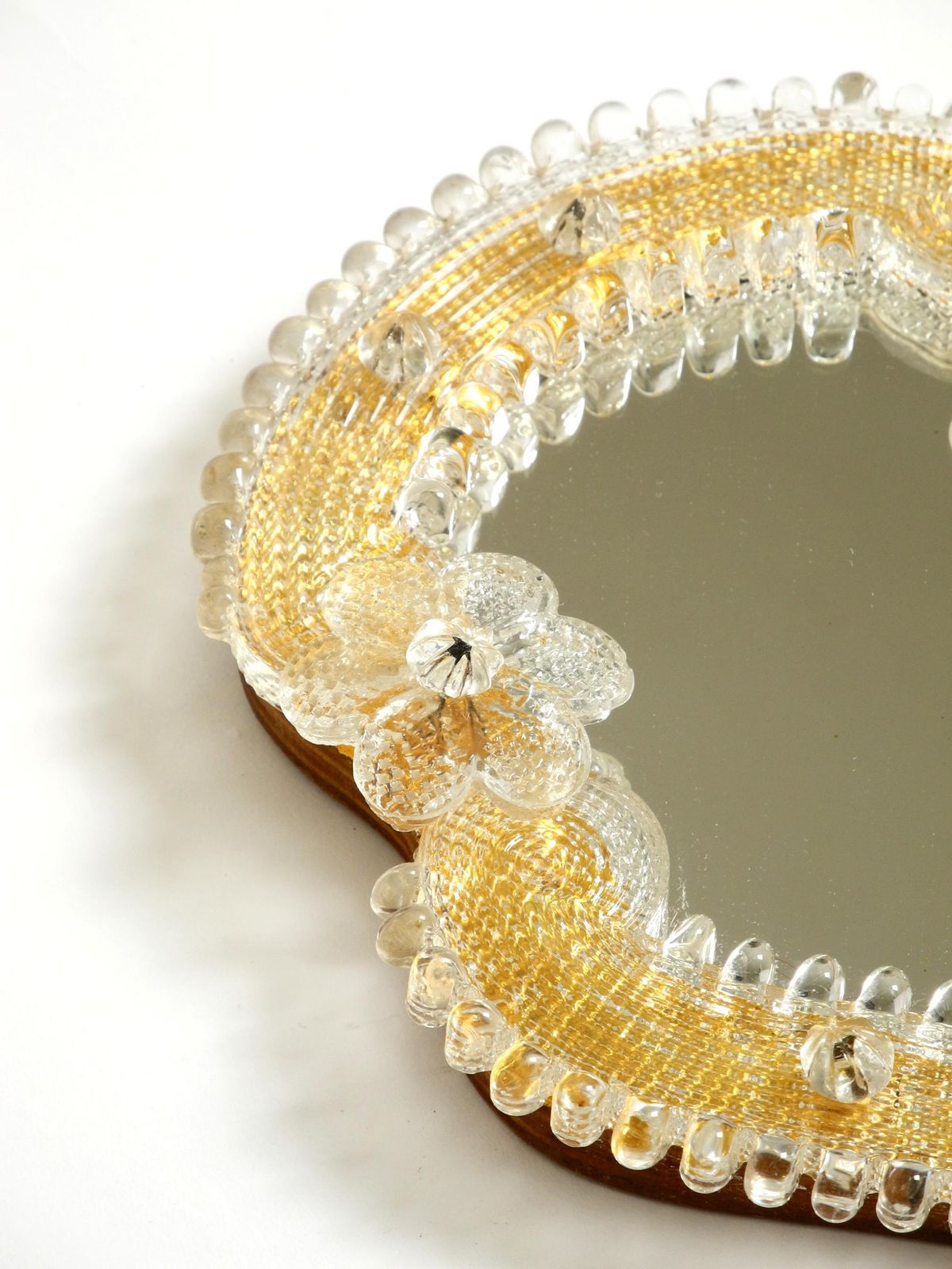 Venetian Mid Century Modern Hand Or Wall Mirror With Murano Glass Rosettes photo vintage