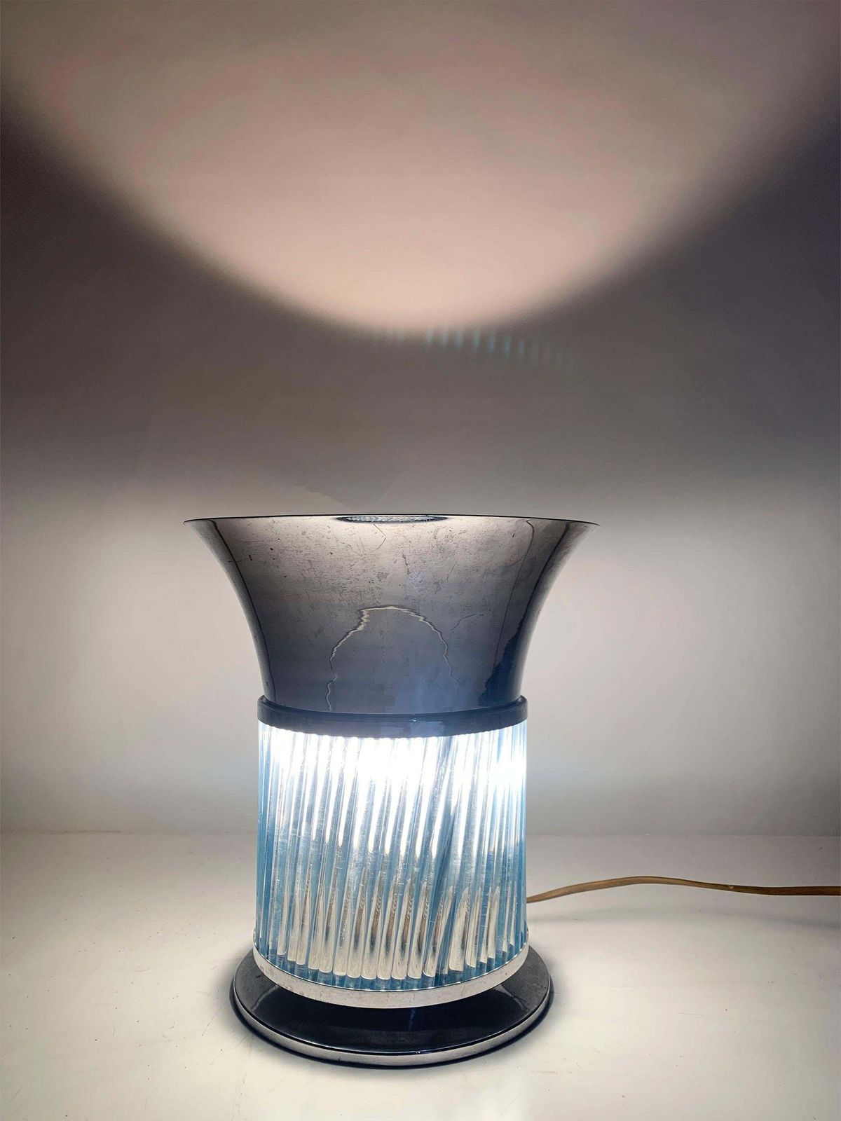 Art Deco Blue Glass & Metal Table Lamp, France, Circa 1930s, 24\" Dia photo vintage
