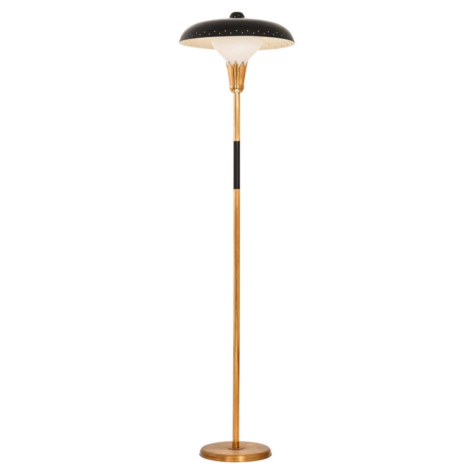 Rare Floor Lamp In Brass, Opaline Glass And Lacquered Metal, 1950's
