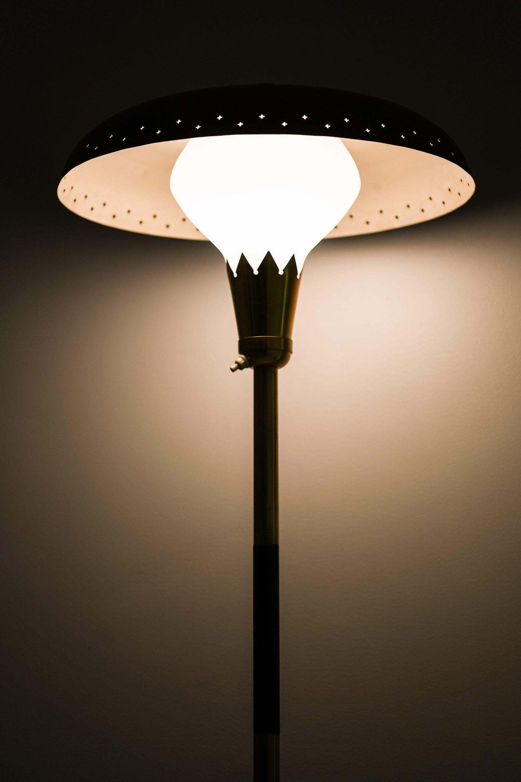 Rare Floor Lamp In Brass, Opaline Glass And Lacquered Metal, 1950's photo vinterior