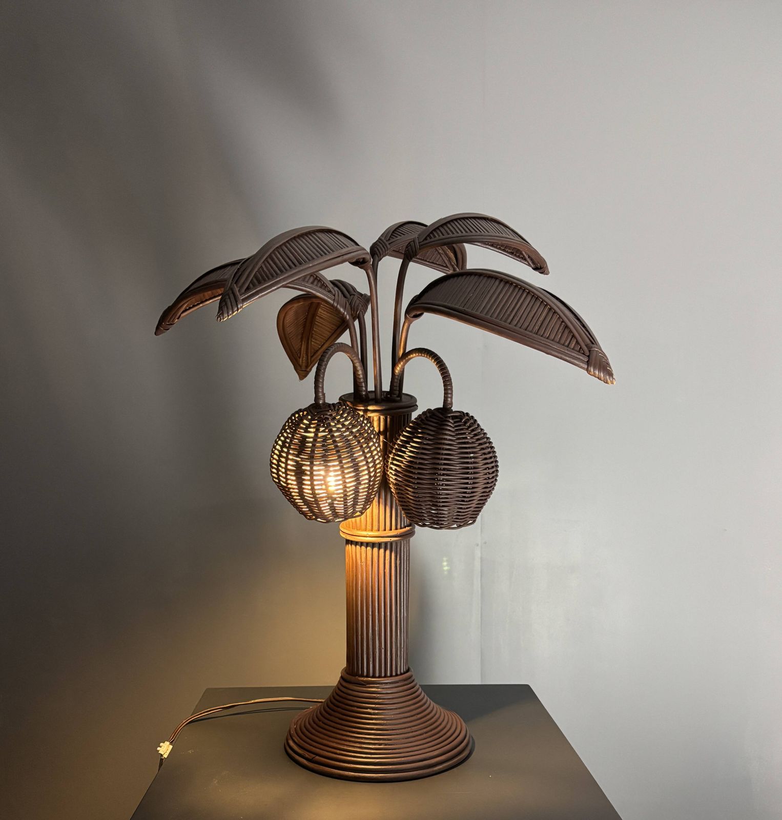 Pencil Reed Rattan Bamboo Palm Tree Coconut Table Lamp Maro Lopez Style 70s photo furniture