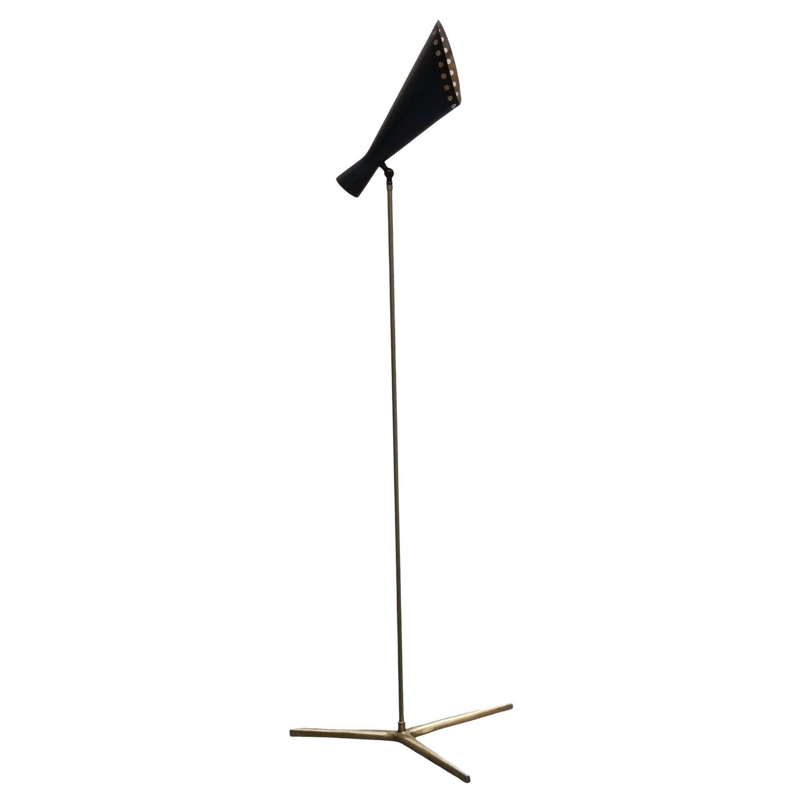 Stilnovo Style Lampada Da Terra Tripode In Ottone Con Paralume Conico In Metallo