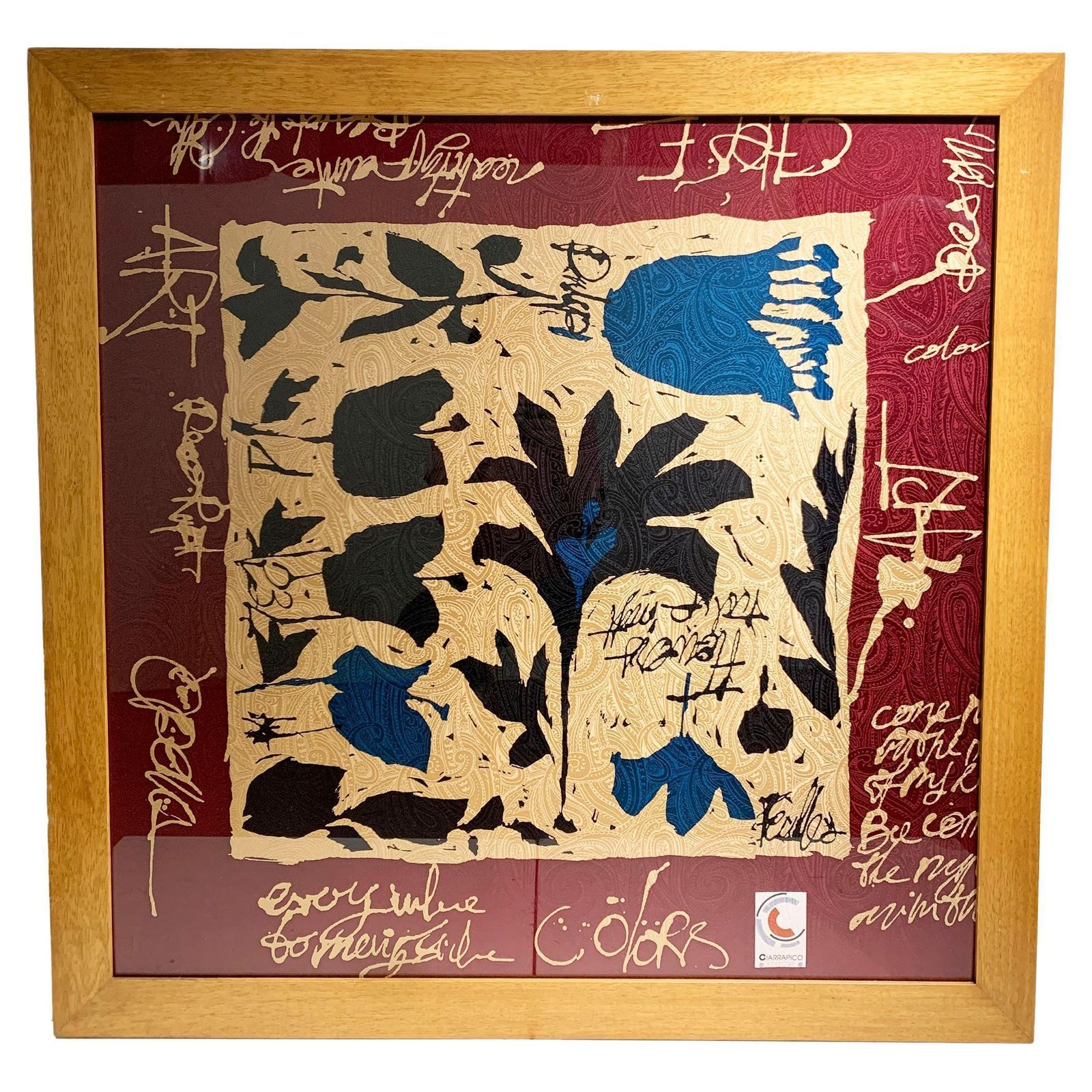 Vintage Framed Silk Scarf With Abstract Floral Design, Art Deco Italy