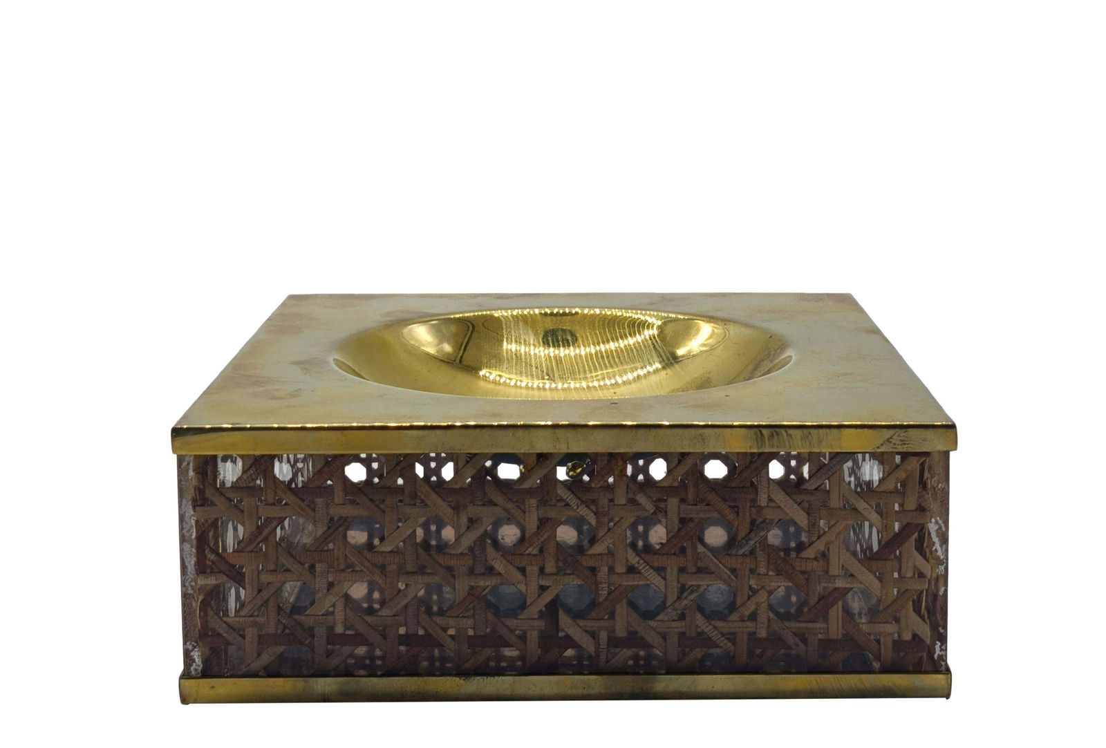 Dior Home Attrib. Posacenere In Vetro Acrilico, Ottone E Paglia Di Vienna photo for sale