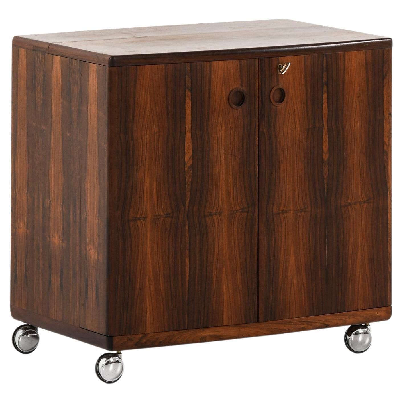 Bar Cabinet On Wheels In Rosewood, Formica And Steel By Illum Wikkelsø, 1960's