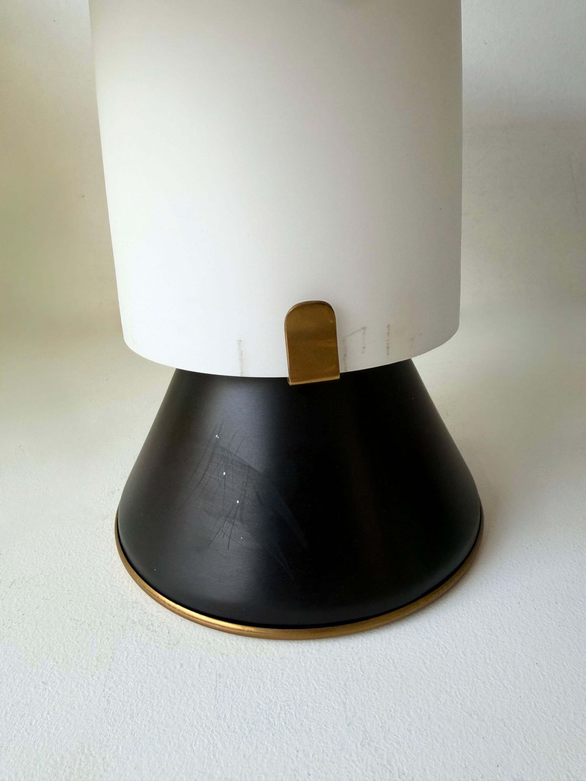 photo for sale Mid Century Modern Pair Of Lamps Brass Lacquered Metal By Stilnovo. Italy, 1950s