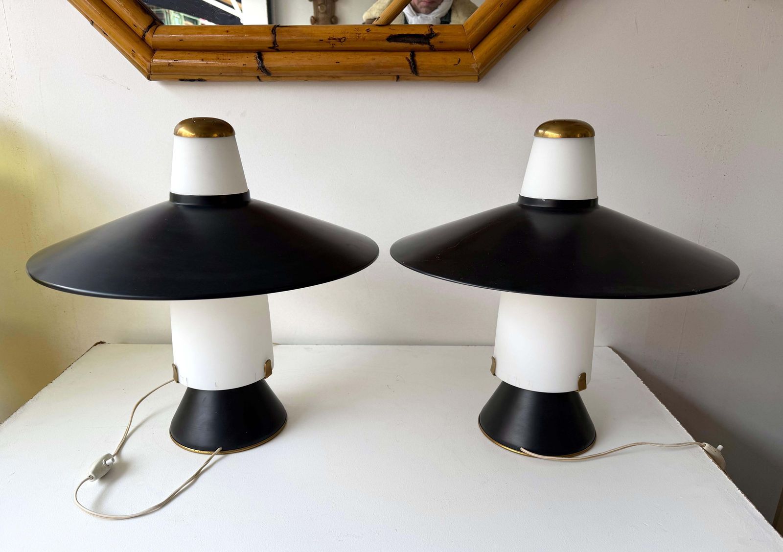 photo buy Mid Century Modern Pair Of Lamps Brass Lacquered Metal By Stilnovo. Italy, 1950s