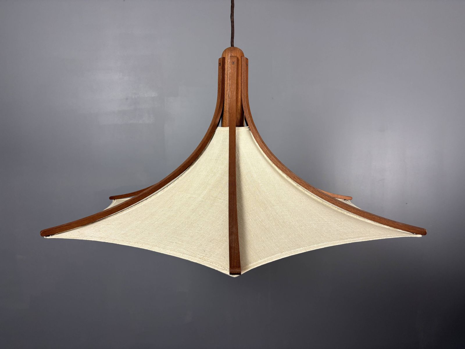 Teak And Linen Umbrella Counter Balance Pendant By Domus, 1970s photo for sale