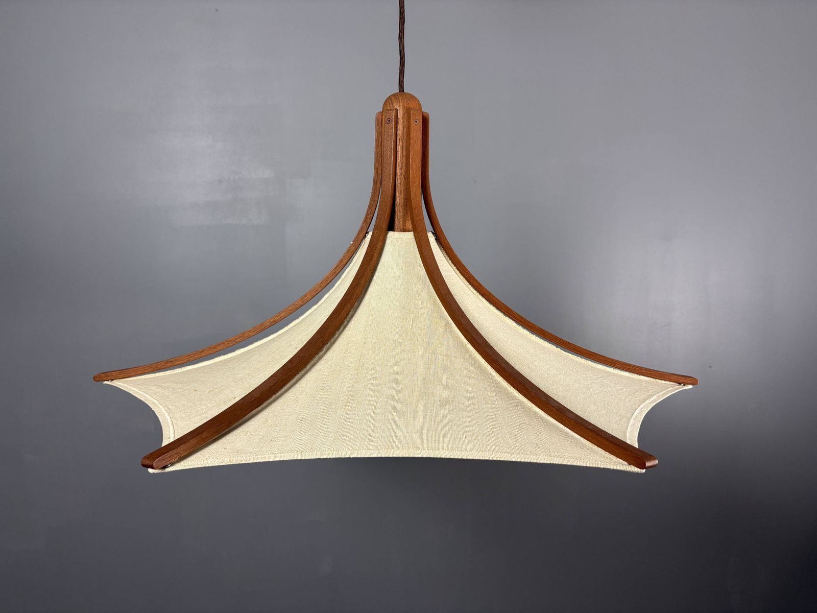 Teak And Linen Umbrella Counter Balance Pendant By Domus, 1970s photo 856.0
