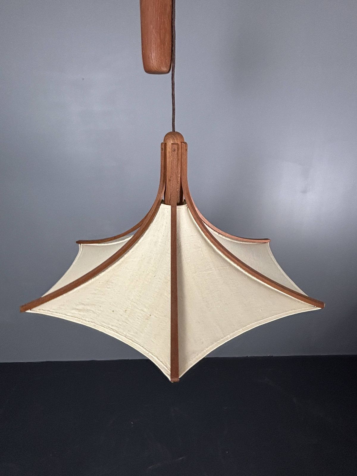 Furniture Teak And Linen Umbrella Counter Balance Pendant By Domus, 1970s photo