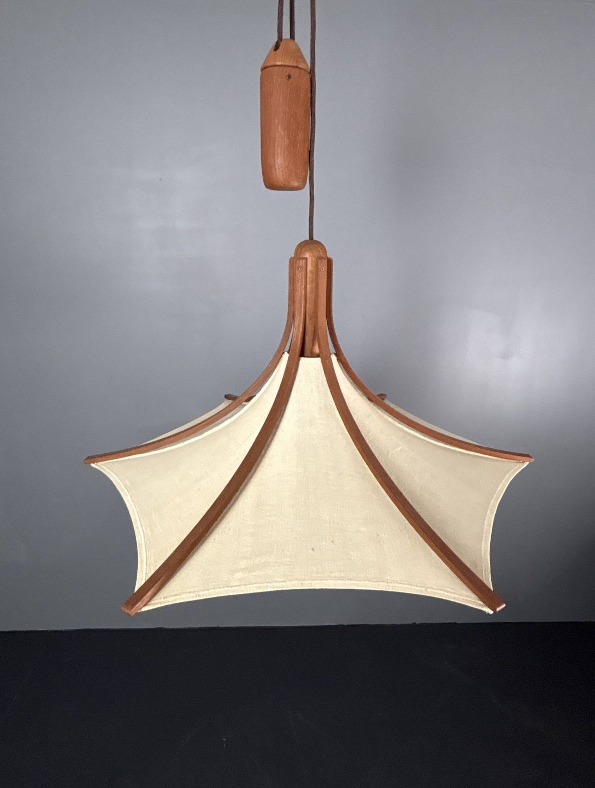 photo buy Teak And Linen Umbrella Counter Balance Pendant By Domus, 1970s