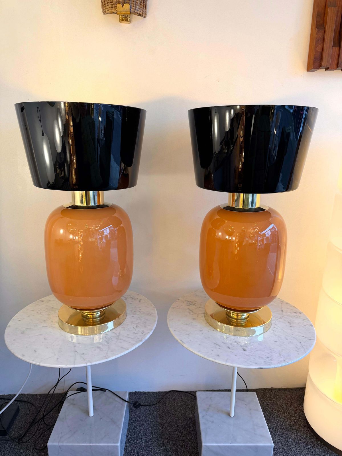 Contemporary Pair Of Brass And Peach Murano Glass Black Shades Lamps, Italy photo for sale