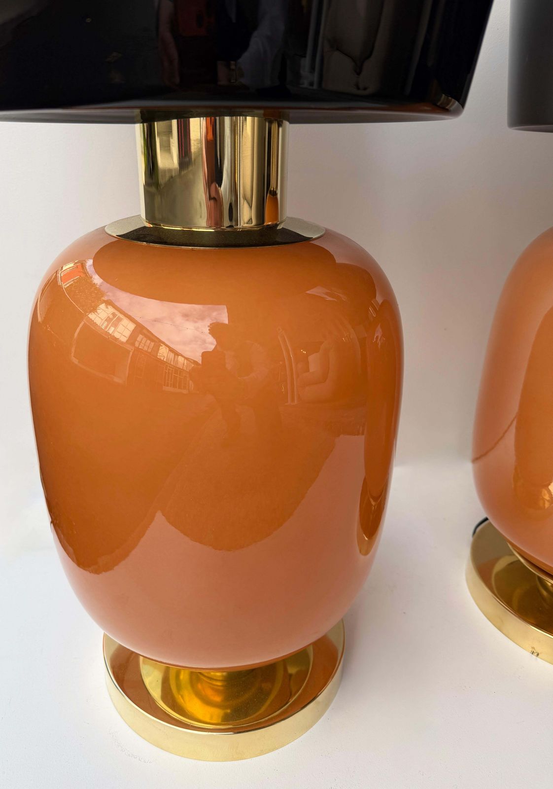 Contemporary Pair Of Brass And Peach Murano Glass Black Shades Lamps, Italy photo buy