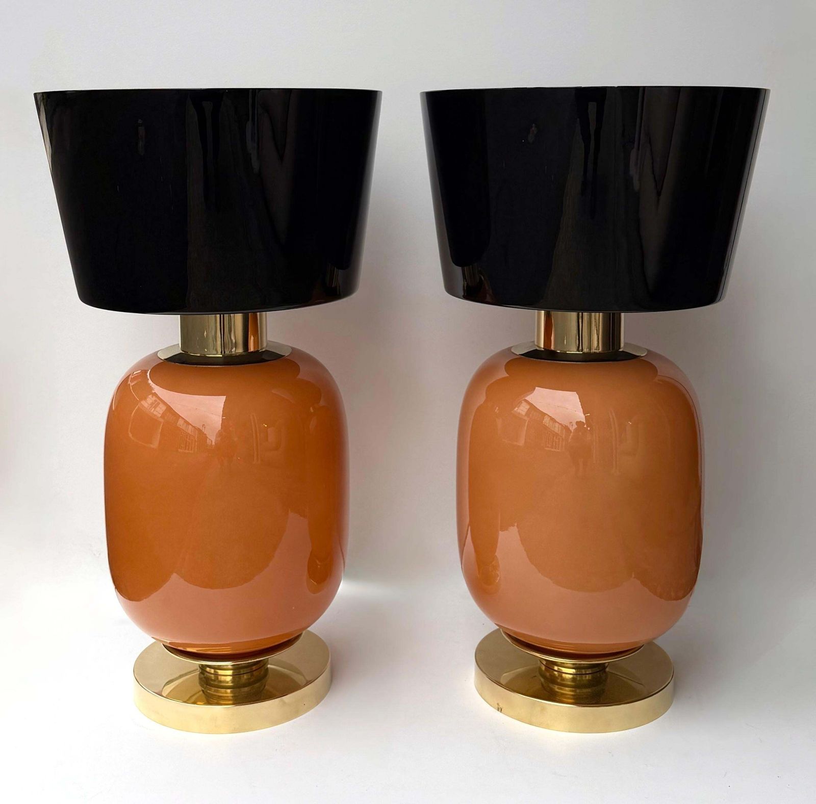 Contemporary Pair Of Brass And Peach Murano Glass Black Shades Lamps, Italy photo vintage