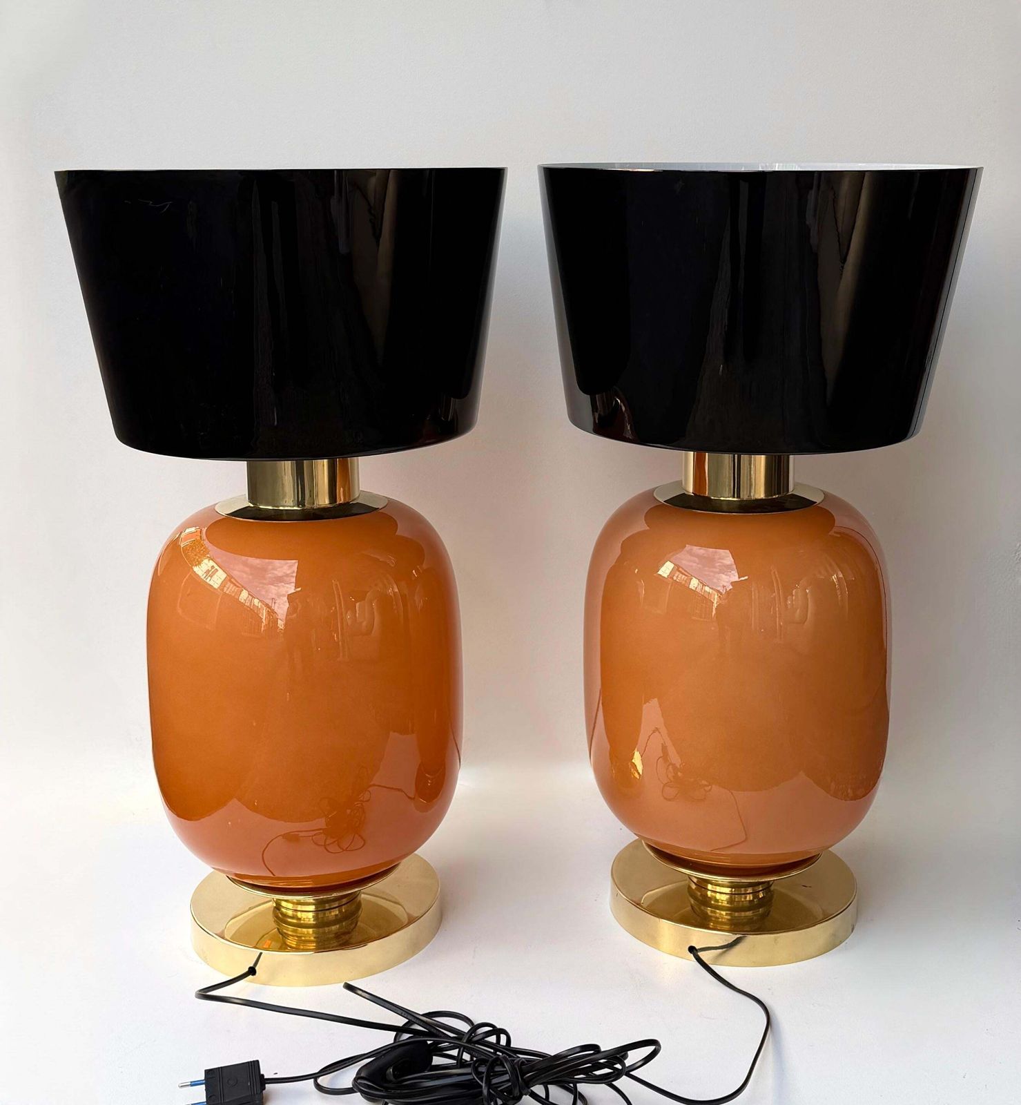 photo for sale Contemporary Pair Of Brass And Peach Murano Glass Black Shades Lamps, Italy
