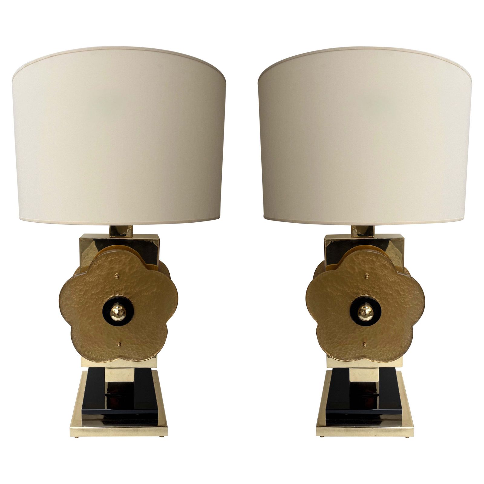 Contemporary Pair Of Brass And Murano Glass Big Gold Flowers Lamps, Italy