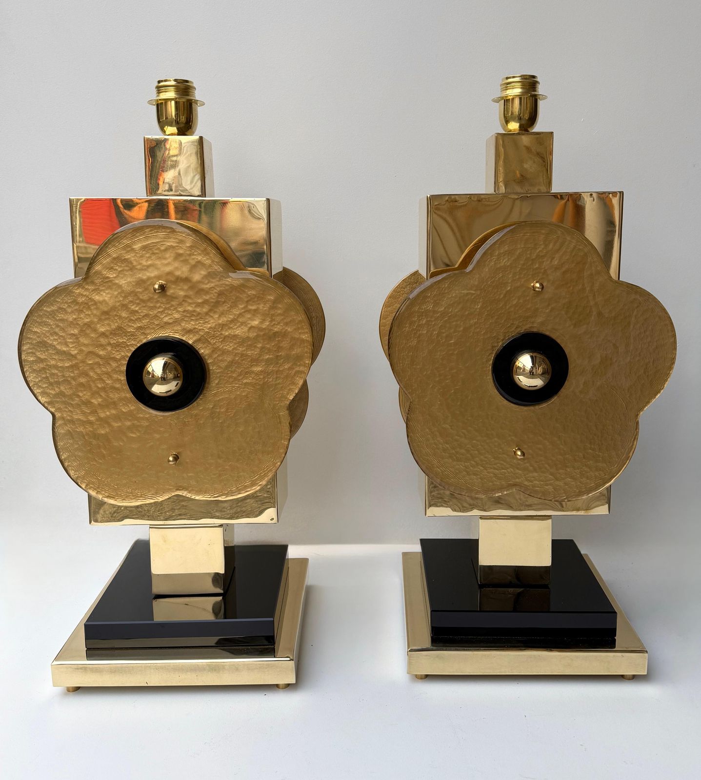 Lighting Contemporary Pair Of Brass And Murano Glass Big Gold Flowers Lamps, Italy photo