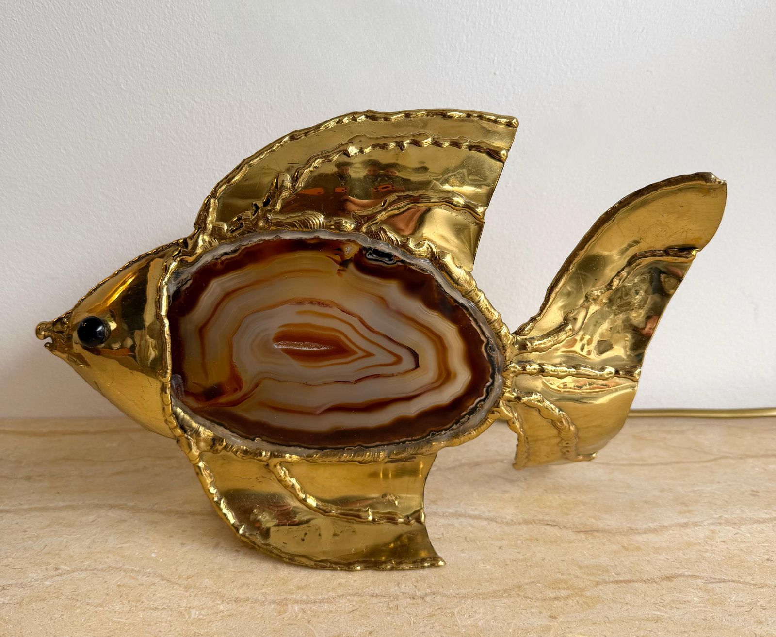 Pair Of Brass Agate Fish Lamps By Henri Fernandez, France, 1980s photo furniture