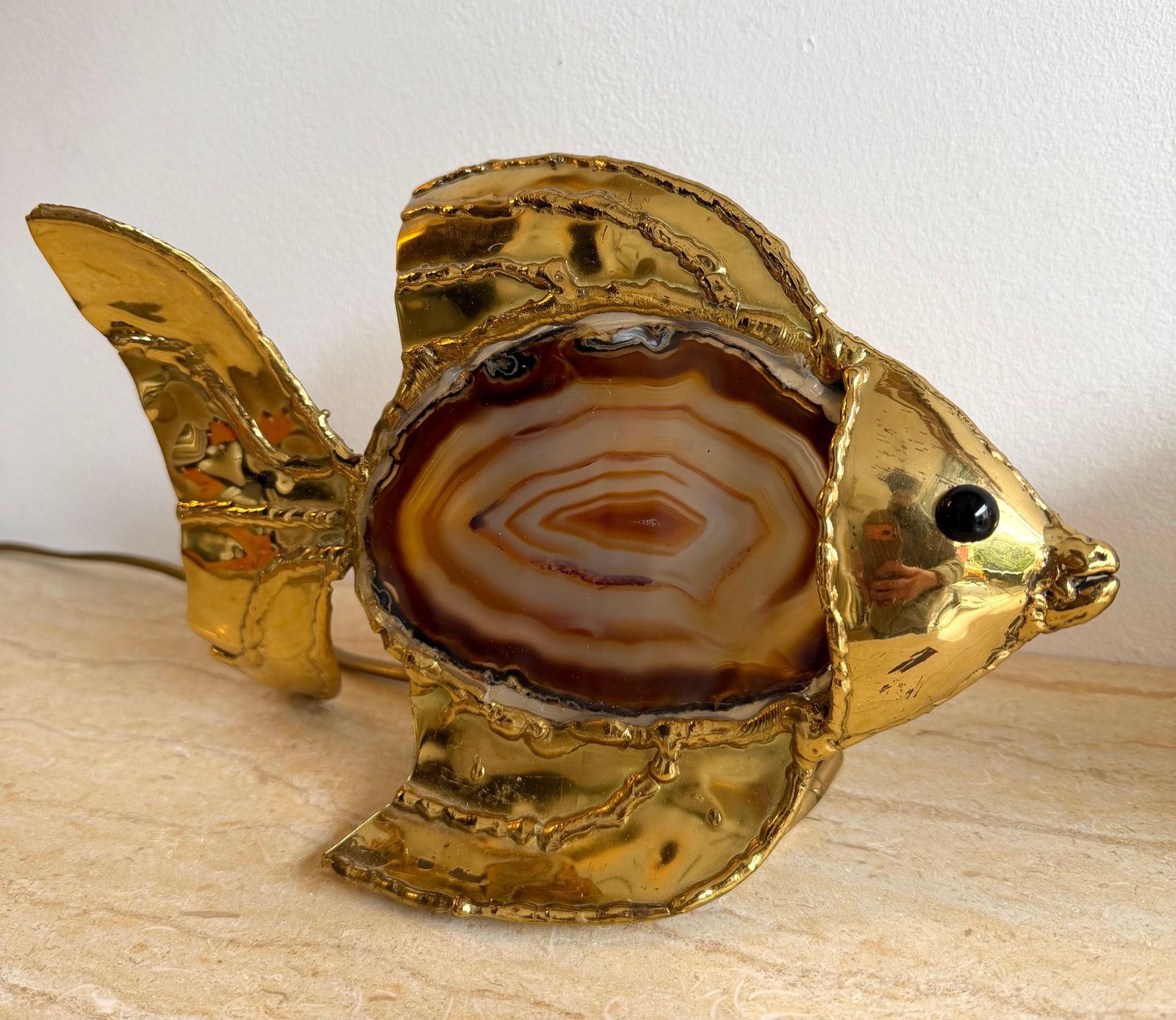 Pair Of Brass Agate Fish Lamps By Henri Fernandez, France, 1980s photo vintage
