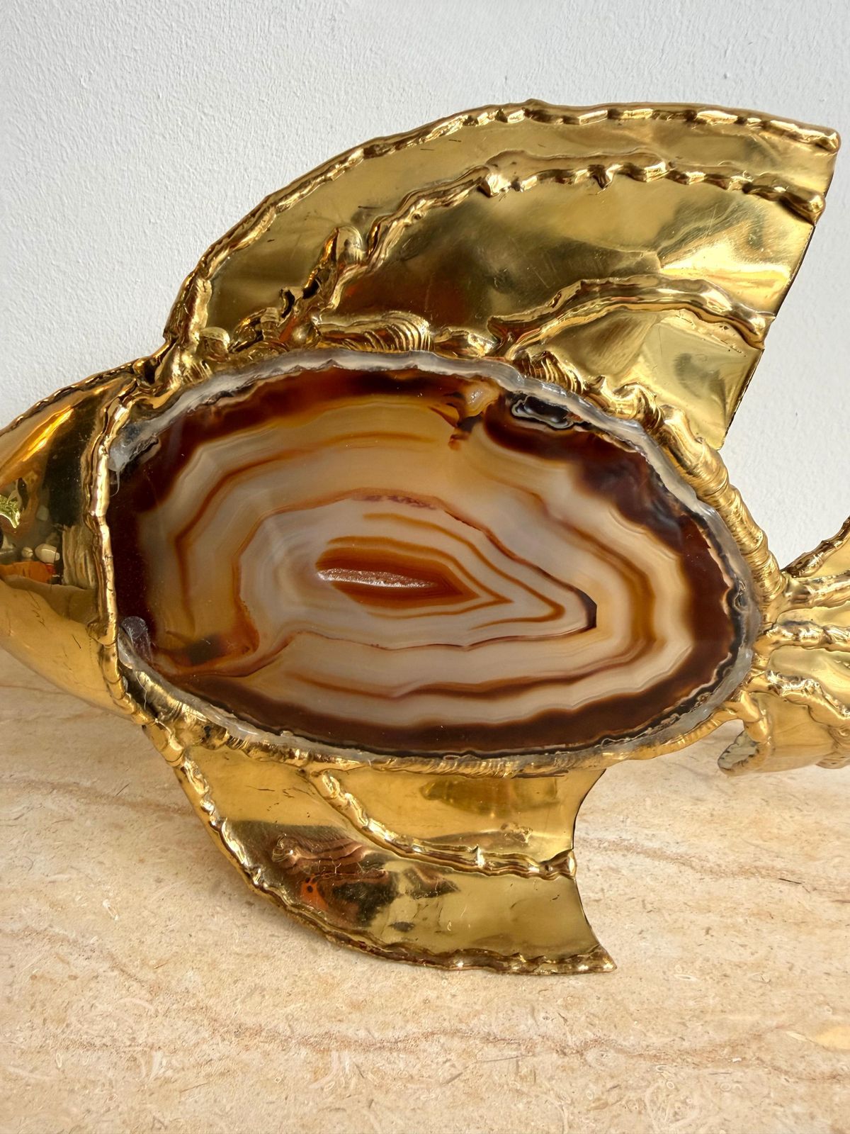 Lighting Pair Of Brass Agate Fish Lamps By Henri Fernandez, France, 1980s photo