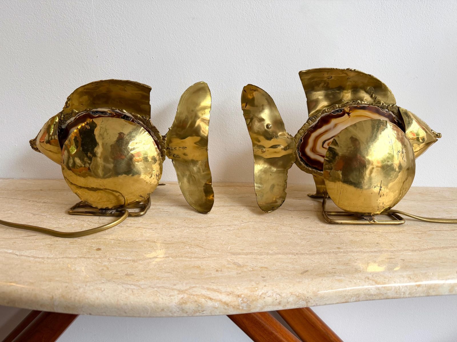 4164.0 Pair Of Brass Agate Fish Lamps By Henri Fernandez, France, 1980s photo