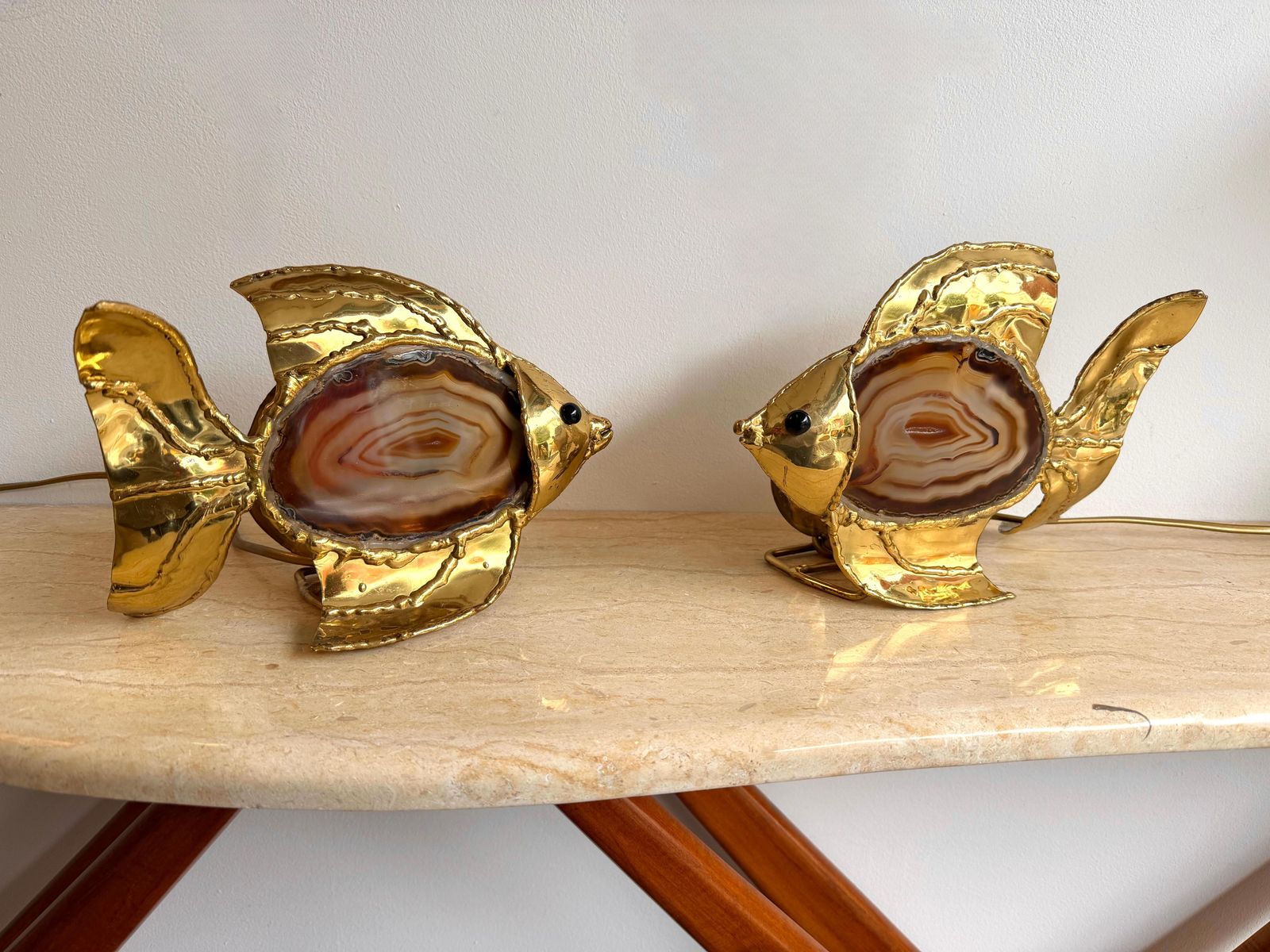 photo vinterior Pair Of Brass Agate Fish Lamps By Henri Fernandez, France, 1980s