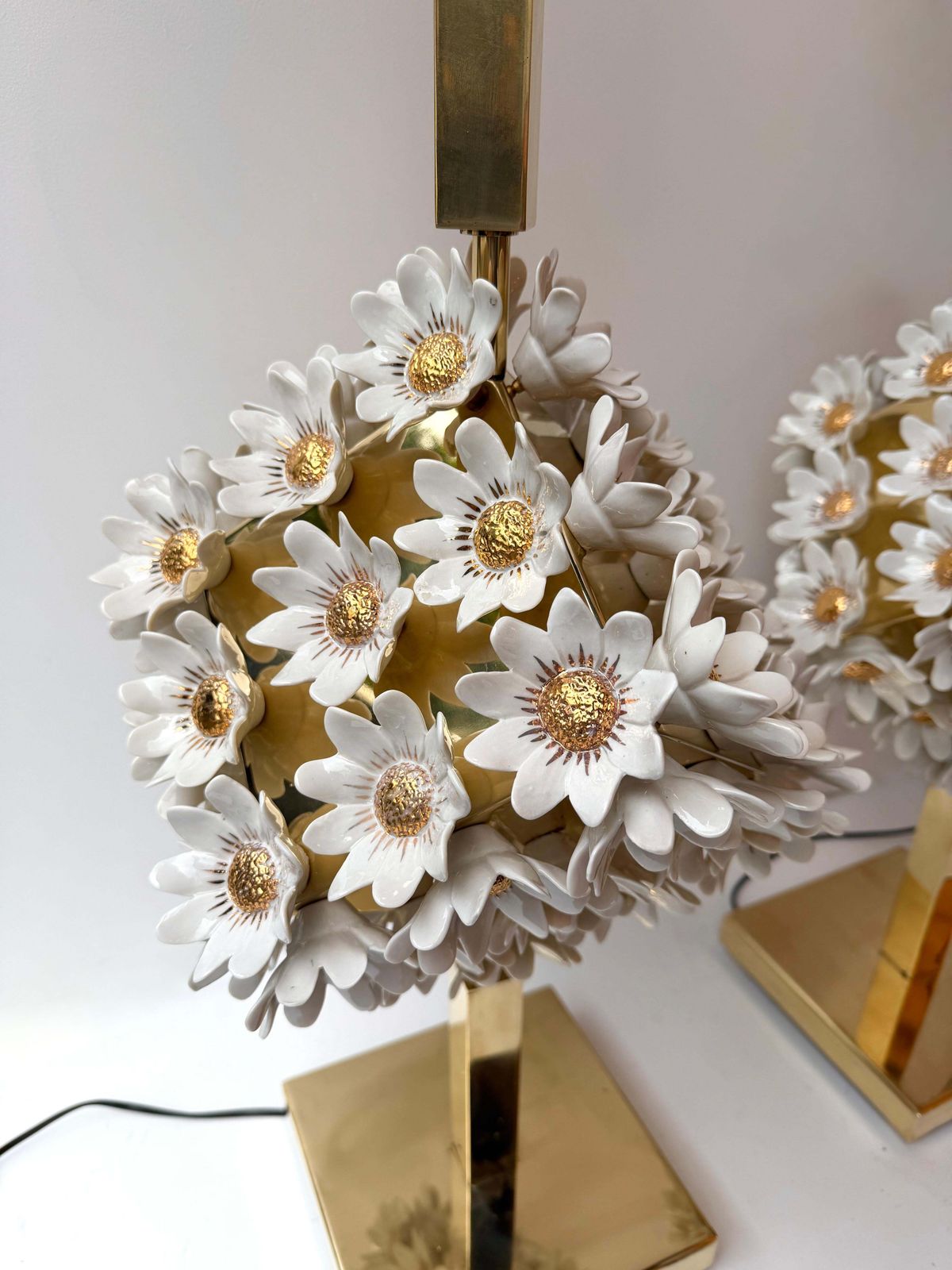 Contemporary Pair Of Brass And Gilt Porcelain Daisy Lamps, Italy photo for sale
