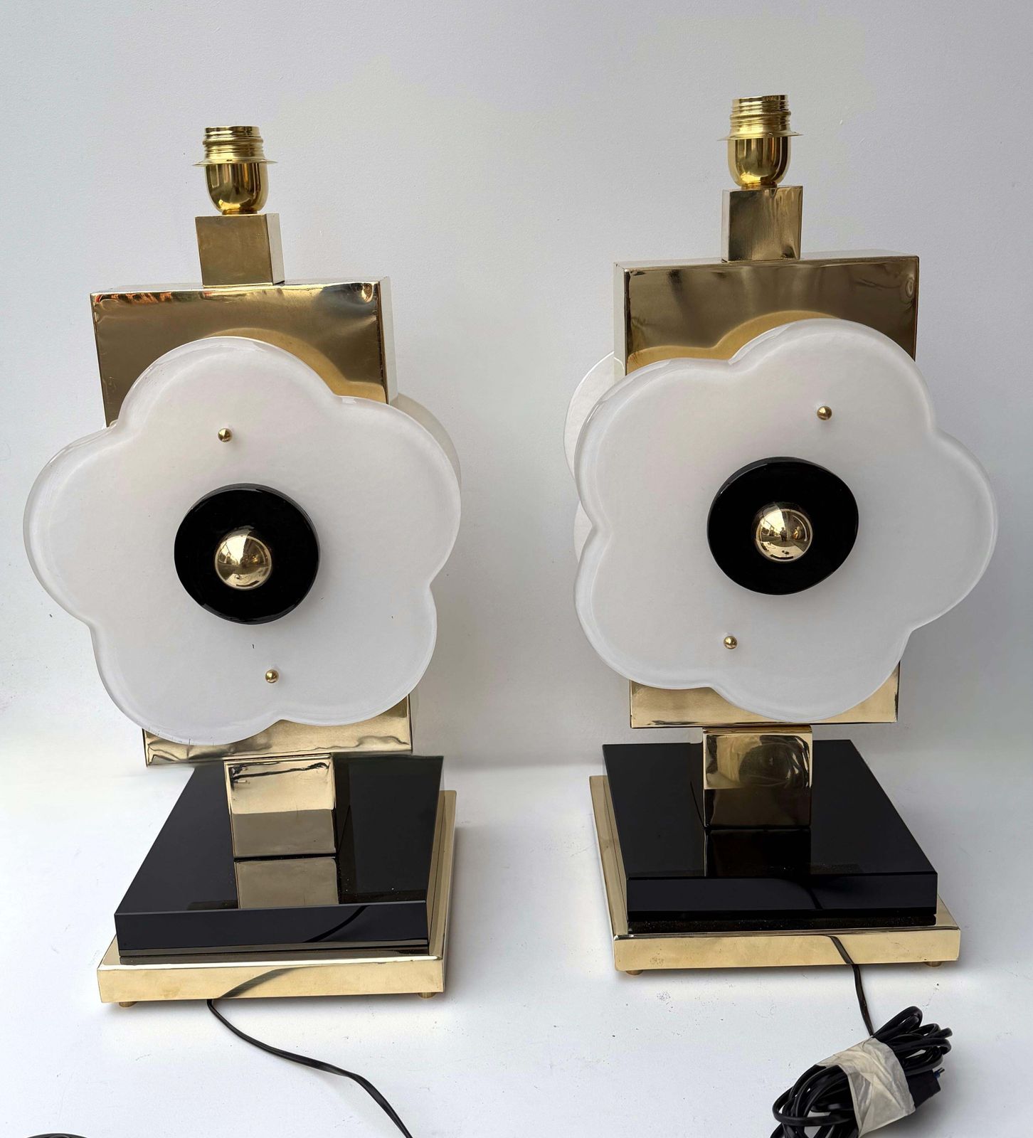 photo for sale Contemporary Pair Of Brass And Murano Glass Big Flowers Lamps, Italy