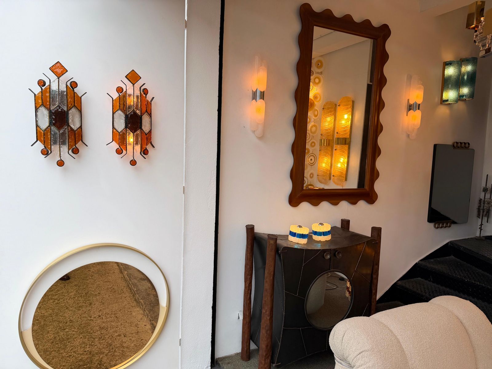 4597.0 Pair Of Hammered Glass Wrought Iron Sconces By Longobard, Italy, 1970s photo