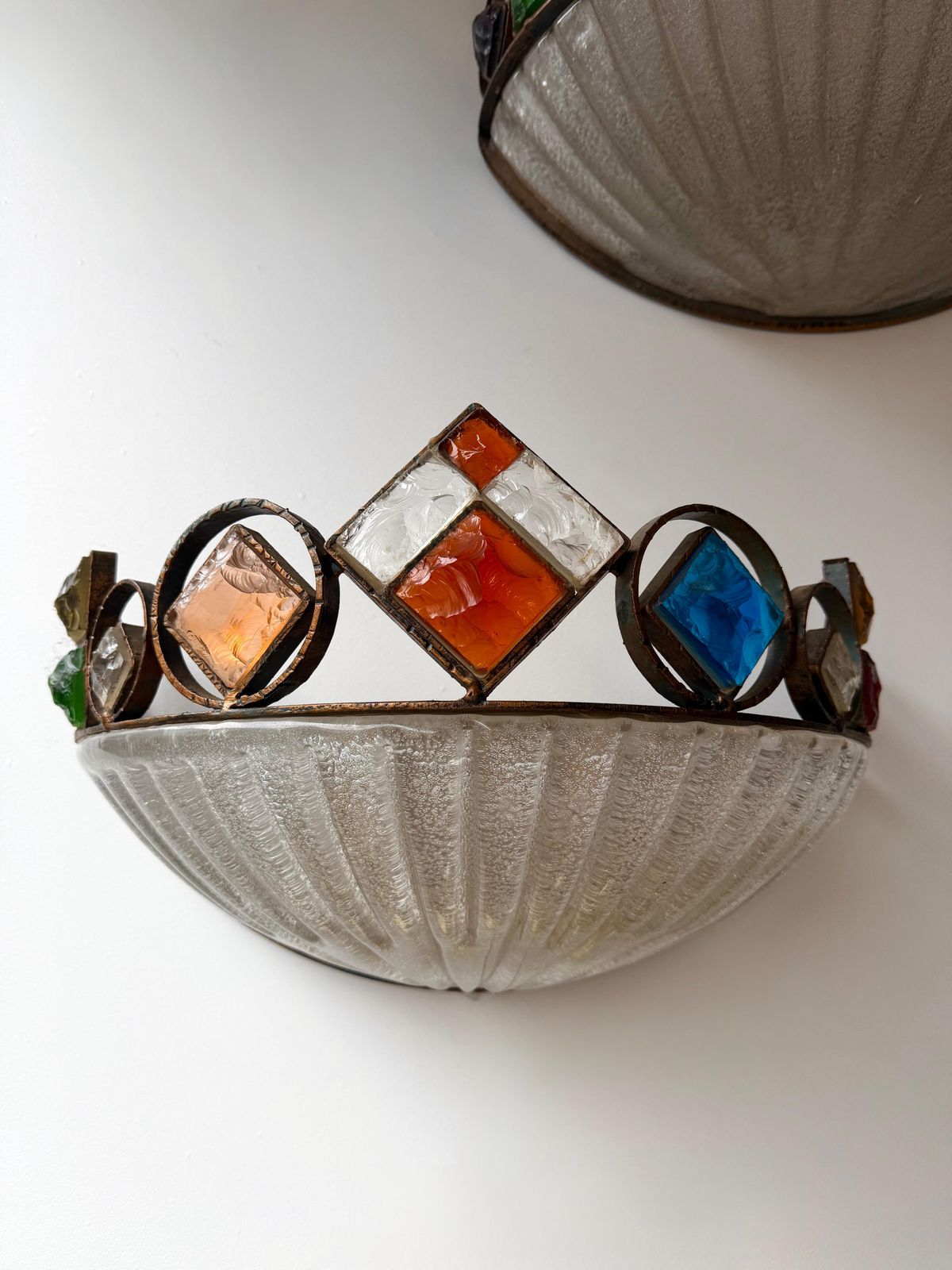 Hammered Glass Wrought Iron Murano Glass Sconce By Longobard, Italy, 1970s photo 2169.0