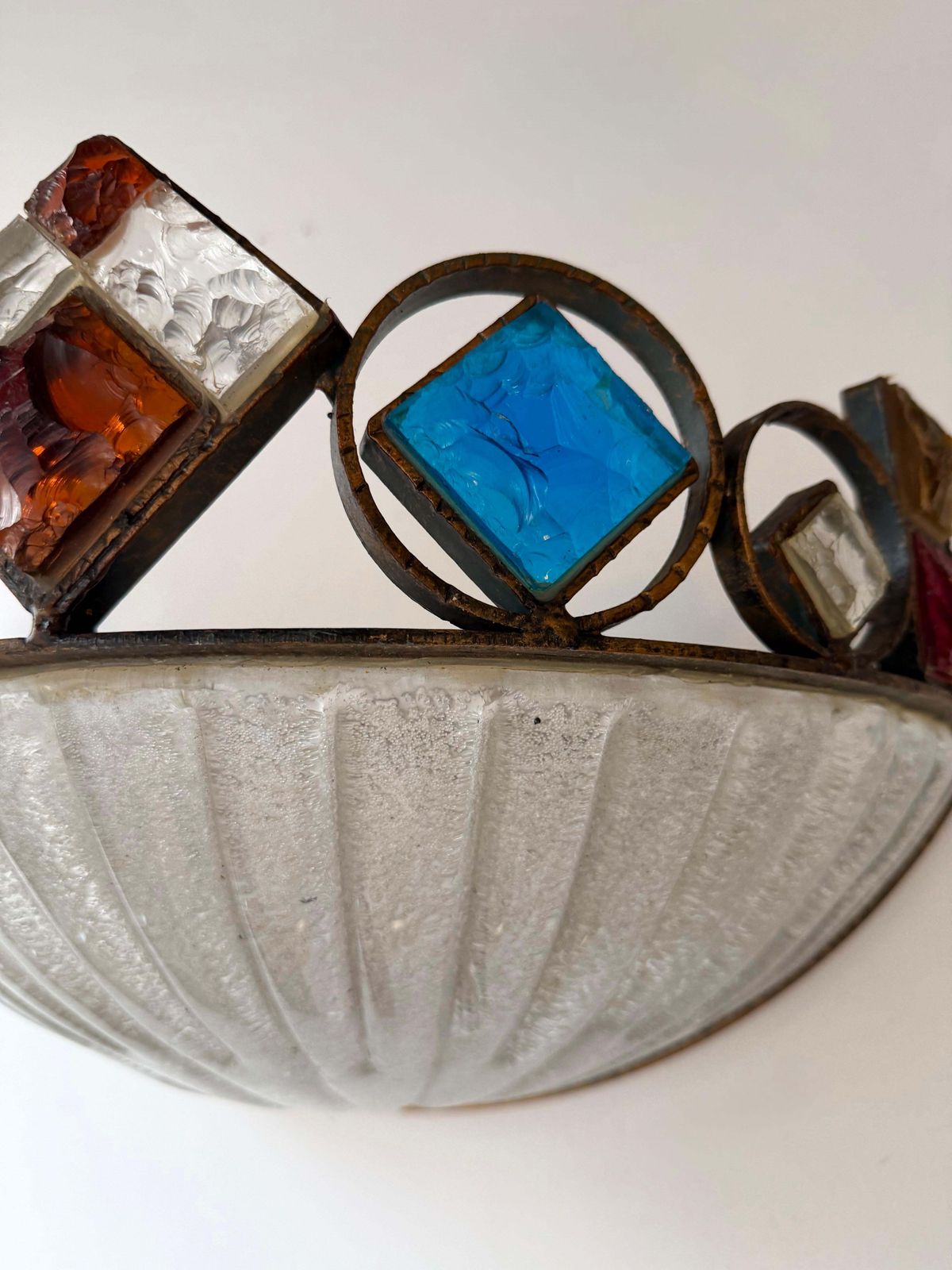 2169.0 Hammered Glass Wrought Iron Murano Glass Sconce By Longobard, Italy, 1970s photo