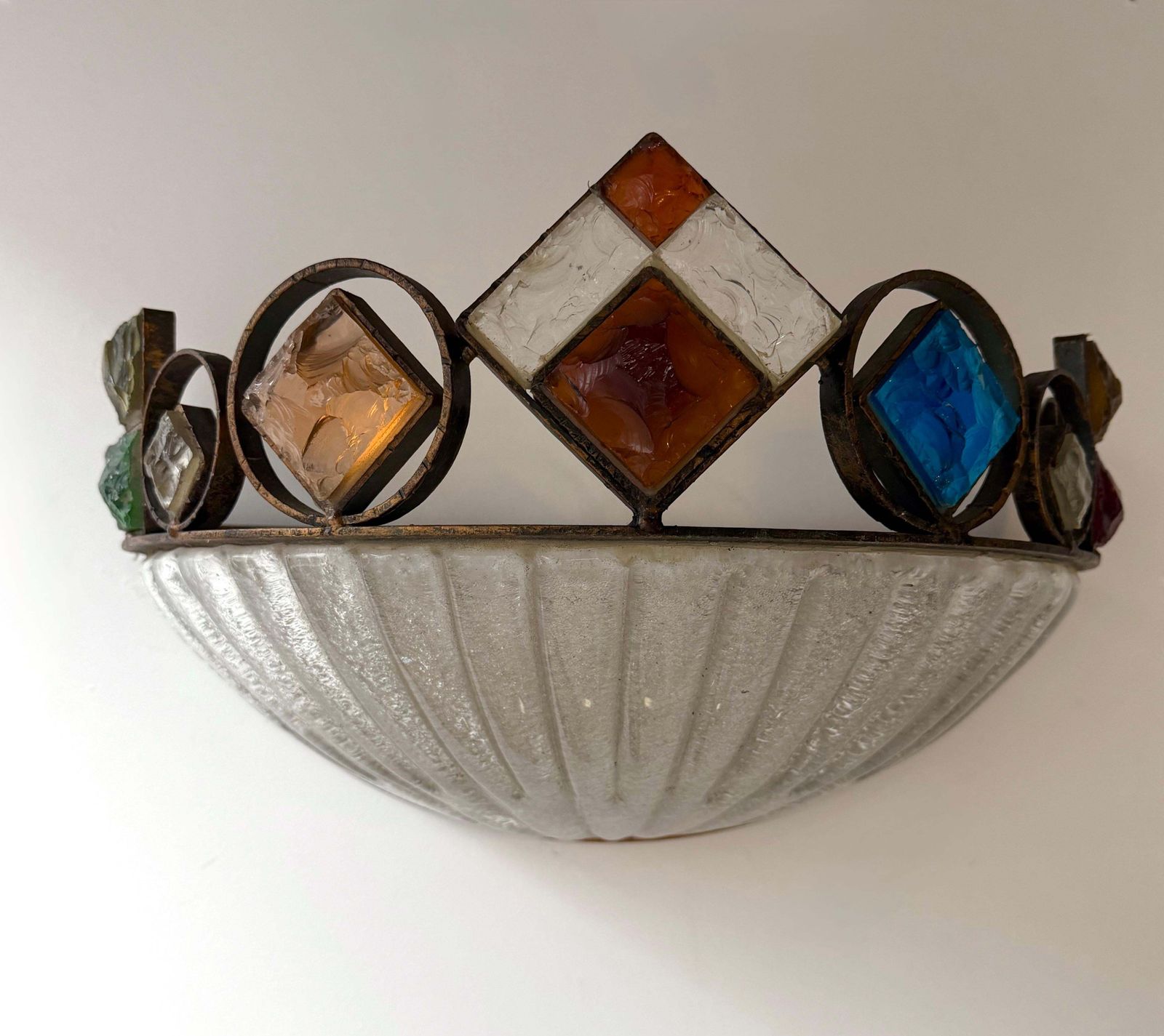 photo buy Hammered Glass Wrought Iron Murano Glass Sconce By Longobard, Italy, 1970s