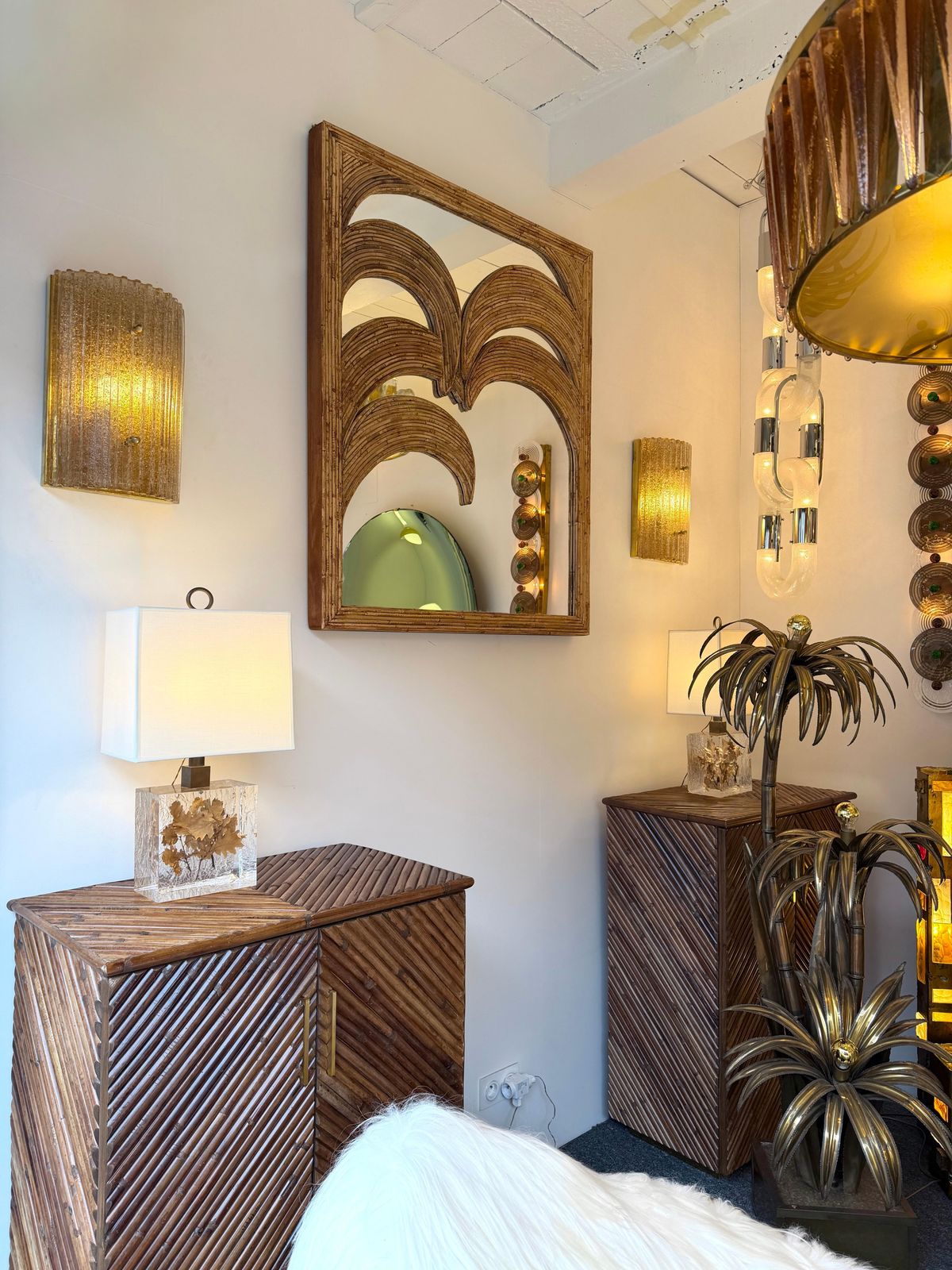 Large Rattan Palm Tree Mirror By Vivai Del Sud. Italy, 1970s photo for sale