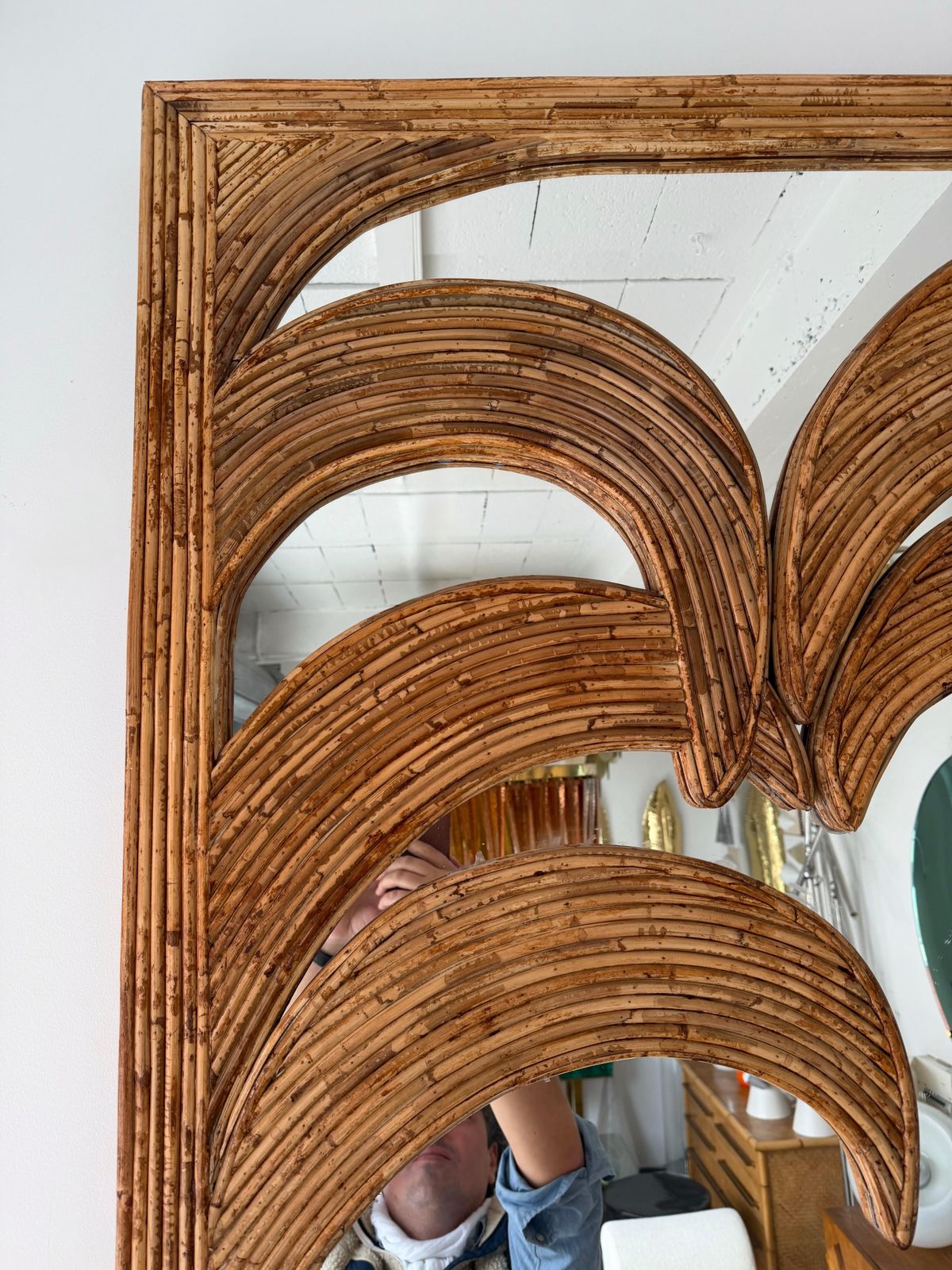 Large Rattan Palm Tree Mirror By Vivai Del Sud. Italy, 1970s photo vinterior
