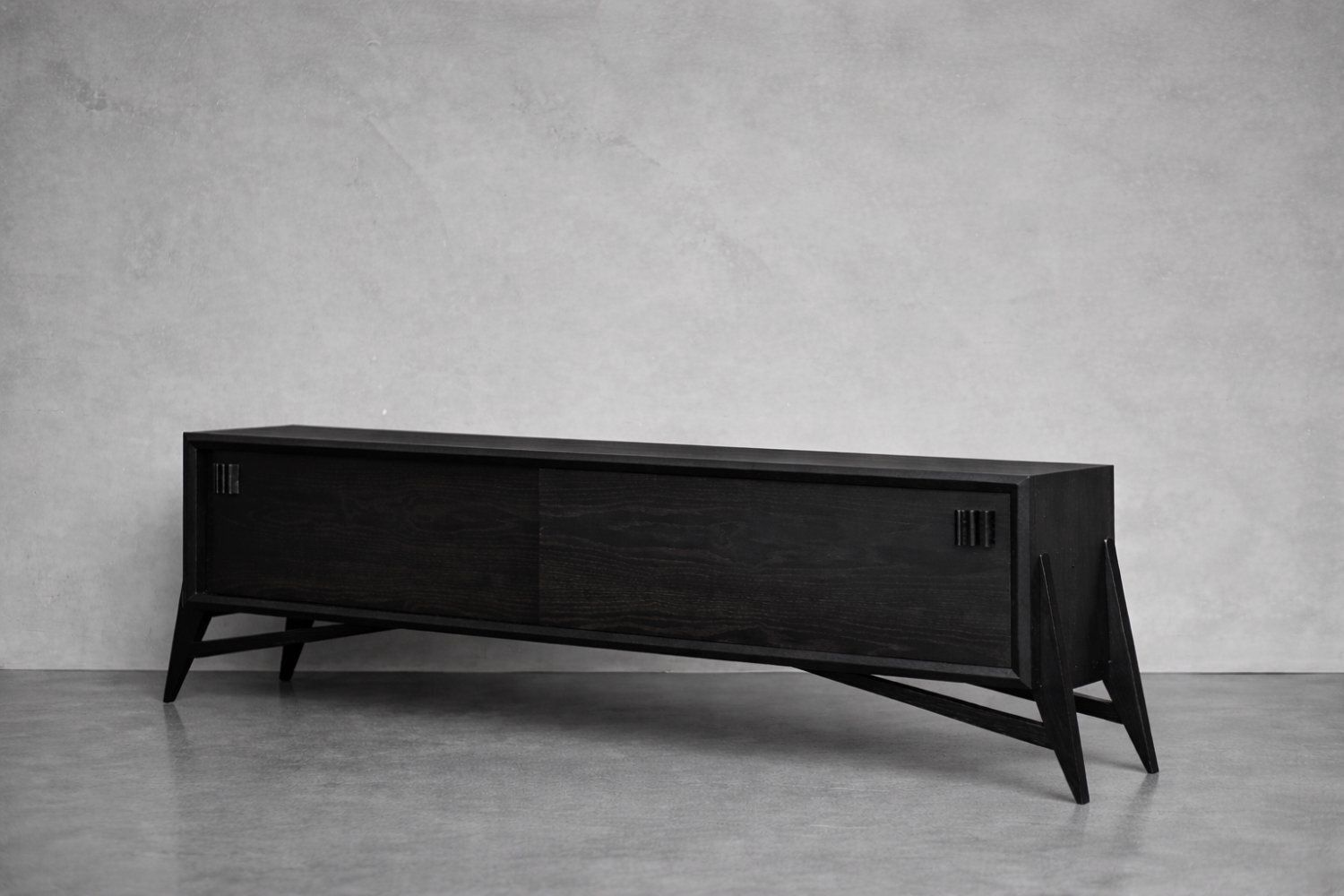 photo furniture Mid Century Scandinavian Modern Dark Oak Sideboard With Wooden Handles, 1960s