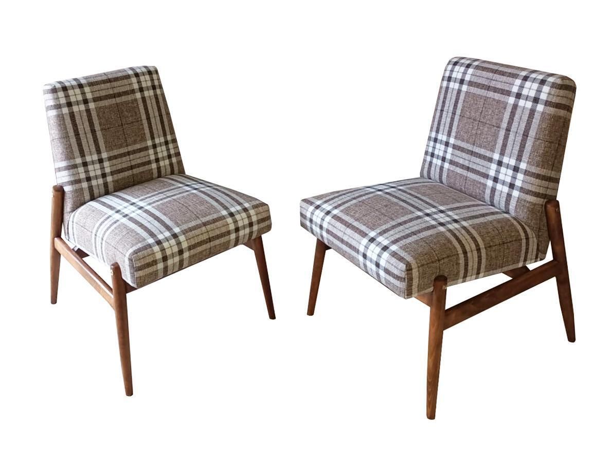 Pair Of Mid Century Beige Checkered Fabric Armchairs, Europe, 1960s photo furniture
