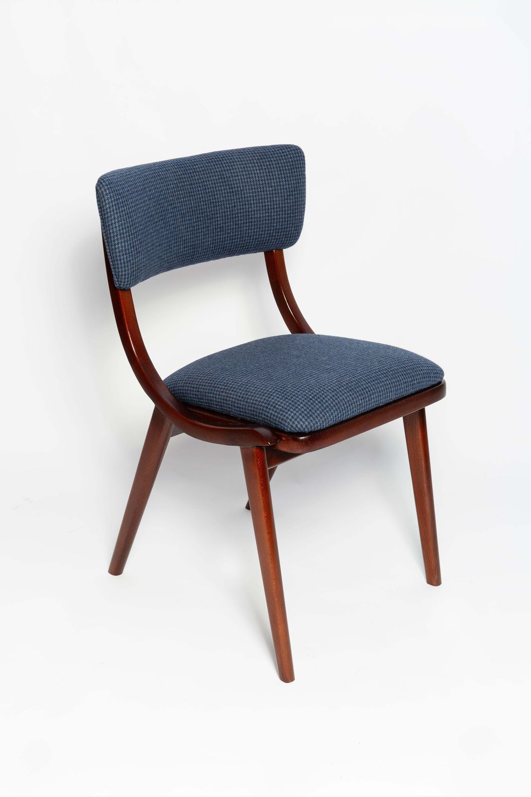 Six Mid Century Modern Bumerang Chairs, Navy Cheerful Check Wool, Poland, 1960s photo furniture