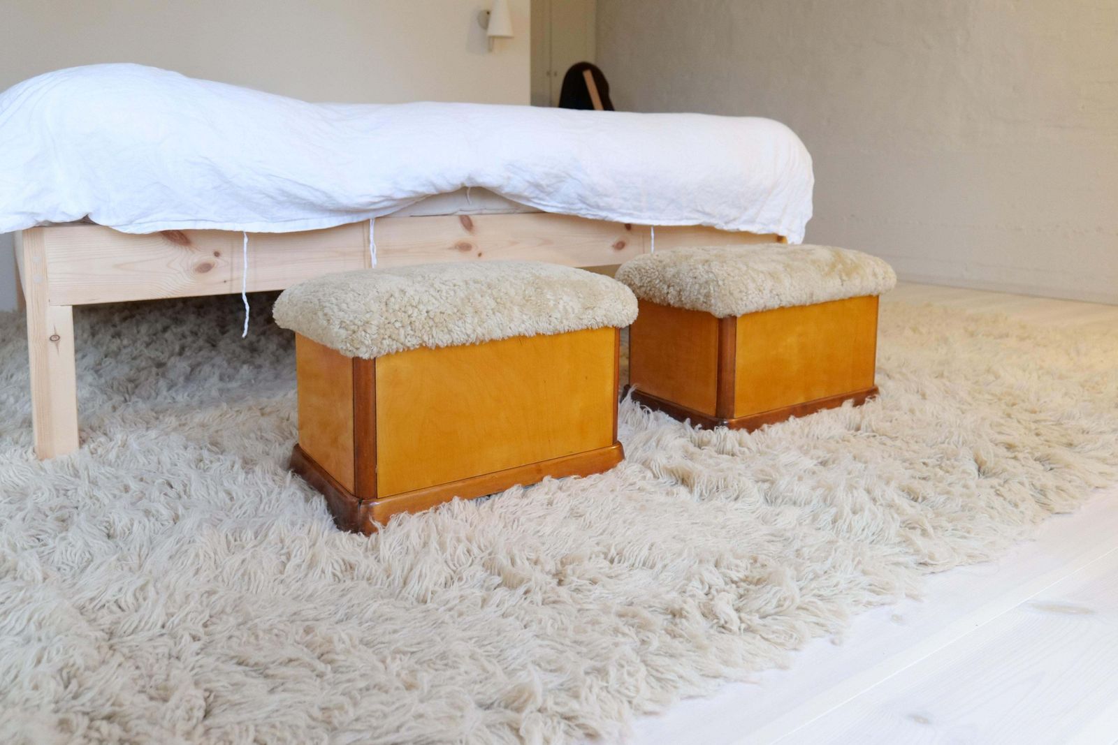 Swedish Art Deco Stools In Lacquered Birch And Sheepskin/Shearling Seat 1940s photo Furniture