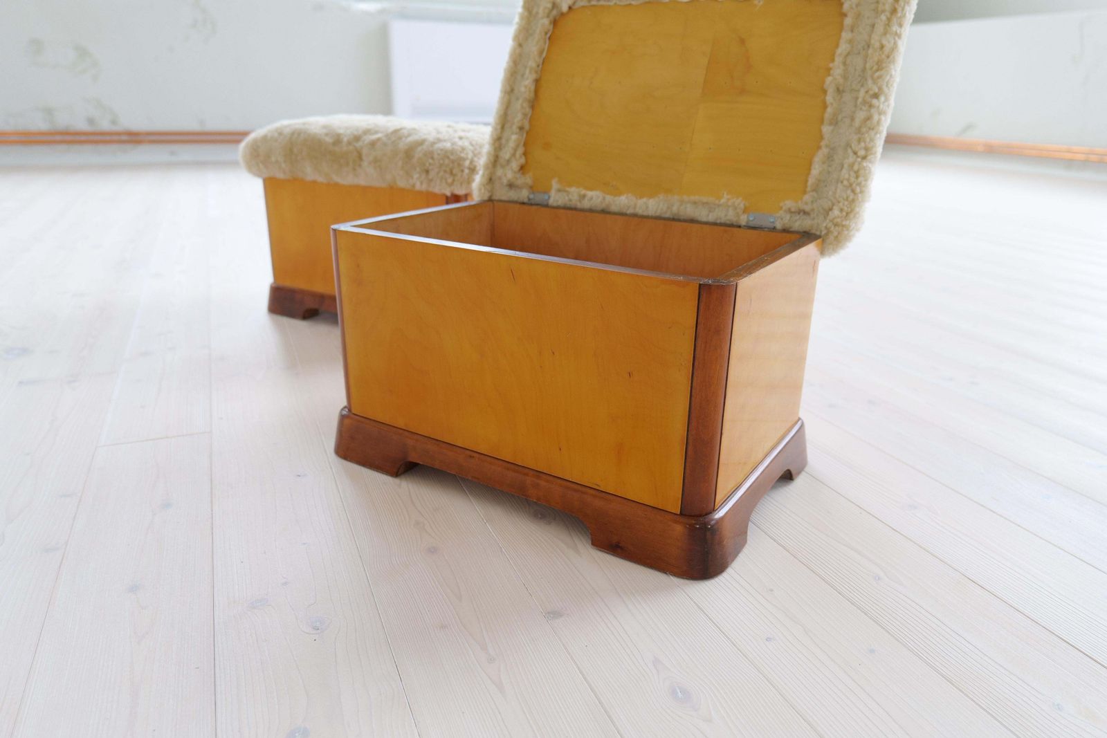 photo for sale Swedish Art Deco Stools In Lacquered Birch And Sheepskin/Shearling Seat 1940s
