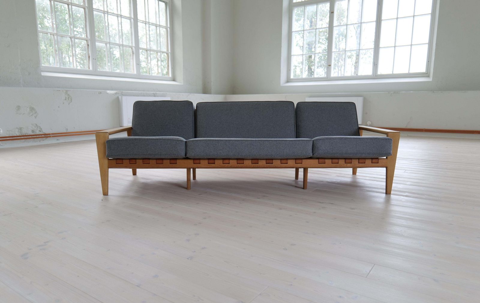 Midcentury Large Sofa "Bodö" Oak, Leather And Wool, Svante Skogh, Sweden, 1960s photo for sale