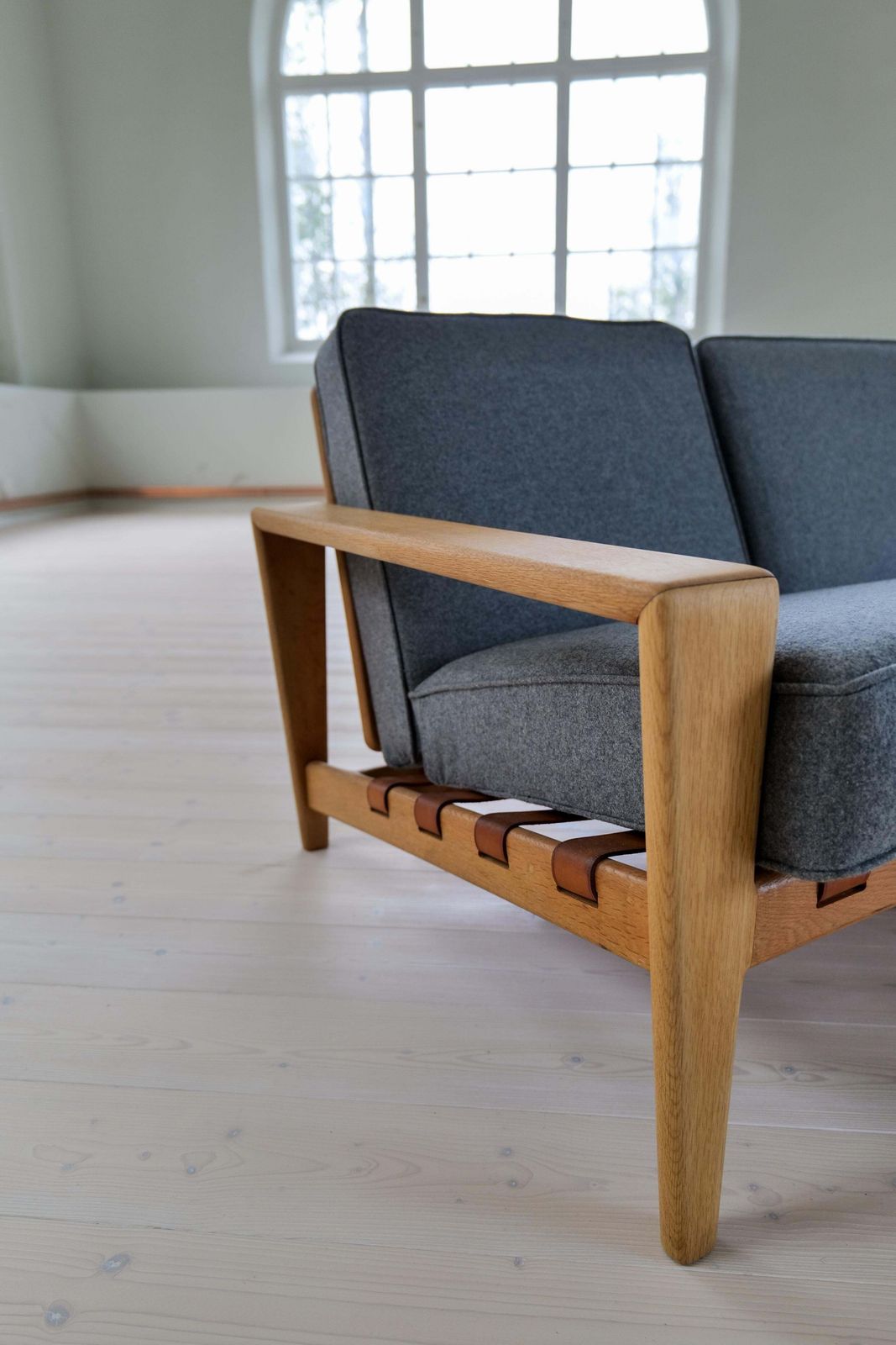 photo for sale Midcentury Large Sofa "Bodö" Oak, Leather And Wool, Svante Skogh, Sweden, 1960s