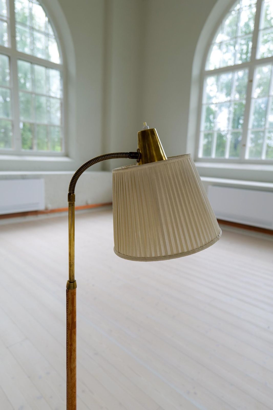 photo for sale Mid Century Brass Brown Leather Floor Lamp Falkenbergs Belysning, Sweden, 1960s